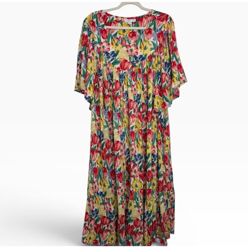 Go Softly Patio Maxi Dress Women 3X Multicolor Floral Tulip V-Neck Excellent
